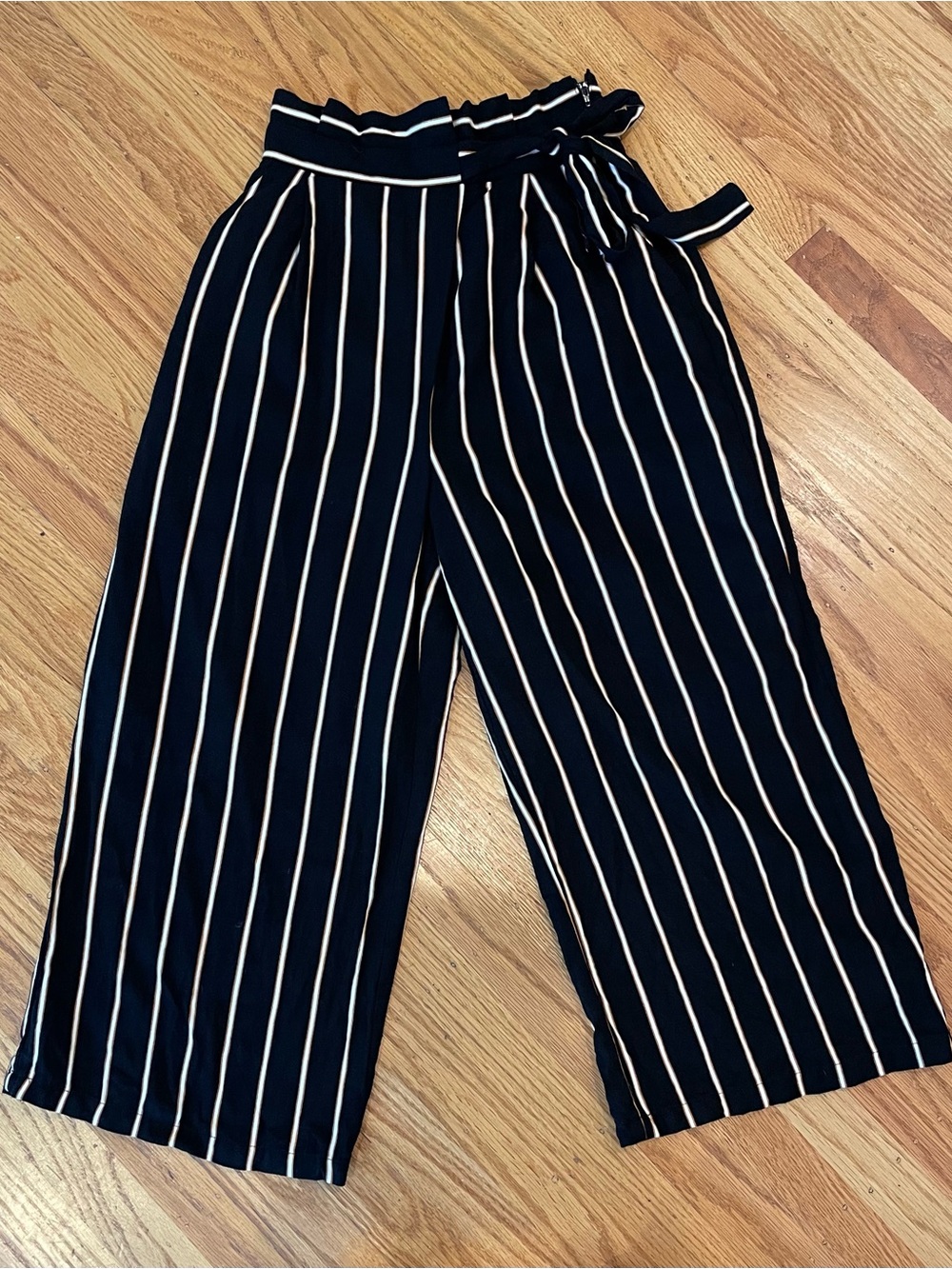 Forever 21 Black and White Striped Paperbag Wide-Leg Pants
